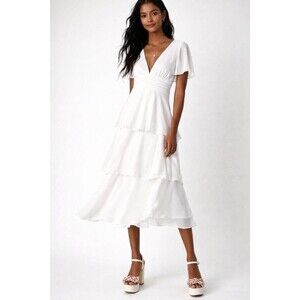Lulus White Clip Dot Tiered Midi Dress V Neck S Flutter Sleeve Bridal prom